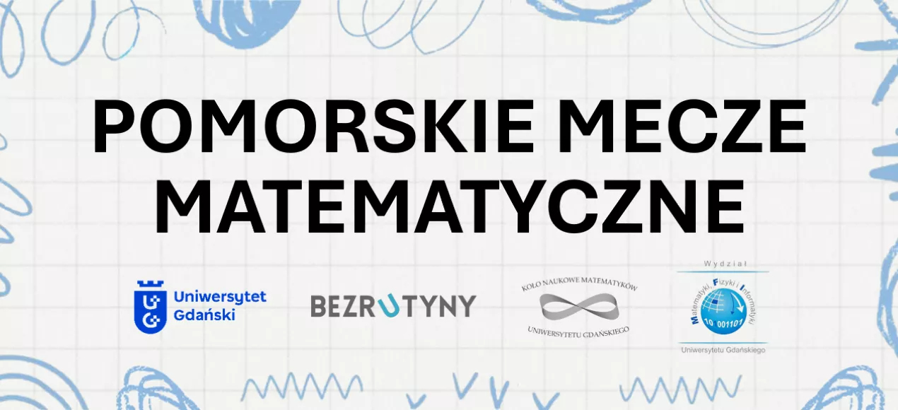 napis "Pomorskie Mecze Matematyczne" na tle w kratkę, poniżej logo organizatorów