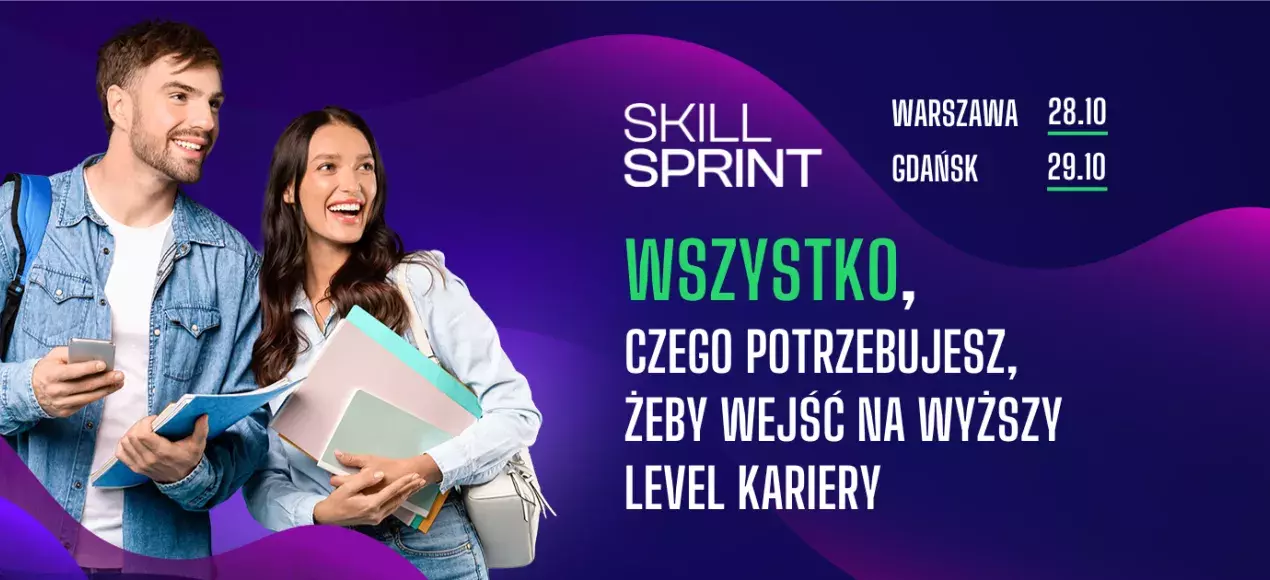 dwie osoby na fioletowym tle oraz informacje o wydarzeniu