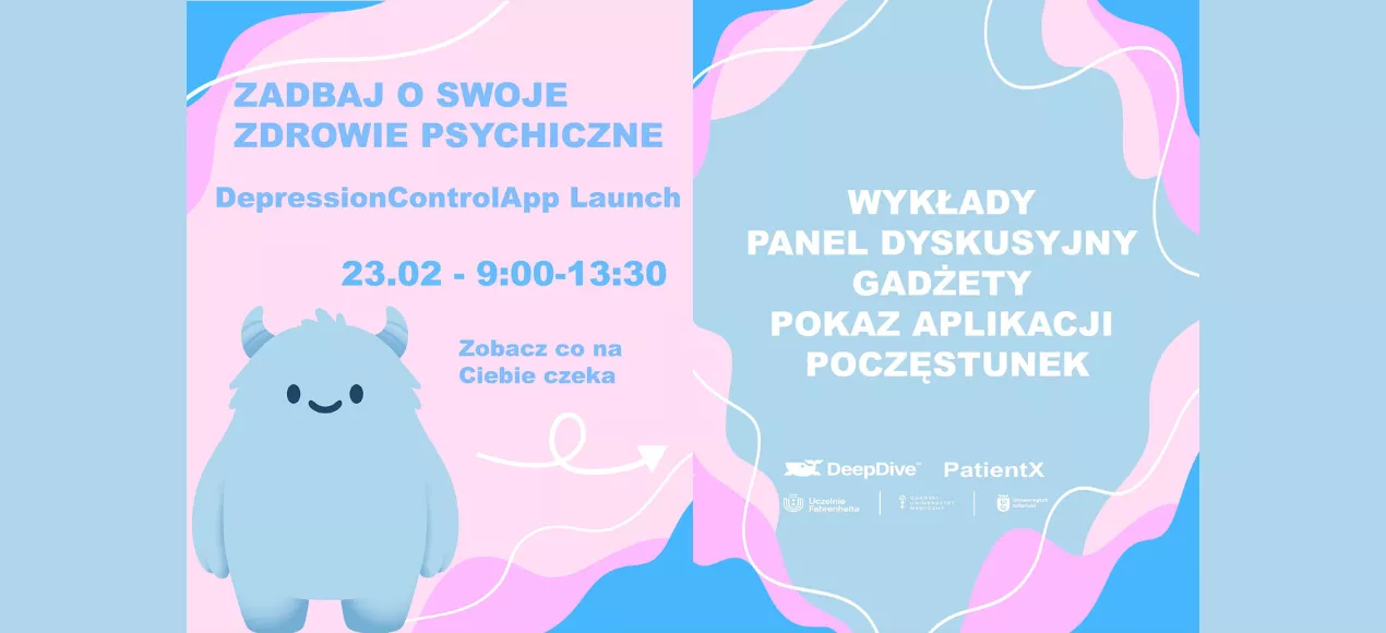 grafiki promujące wydarzenie z niebieskim uroczym potworkiem