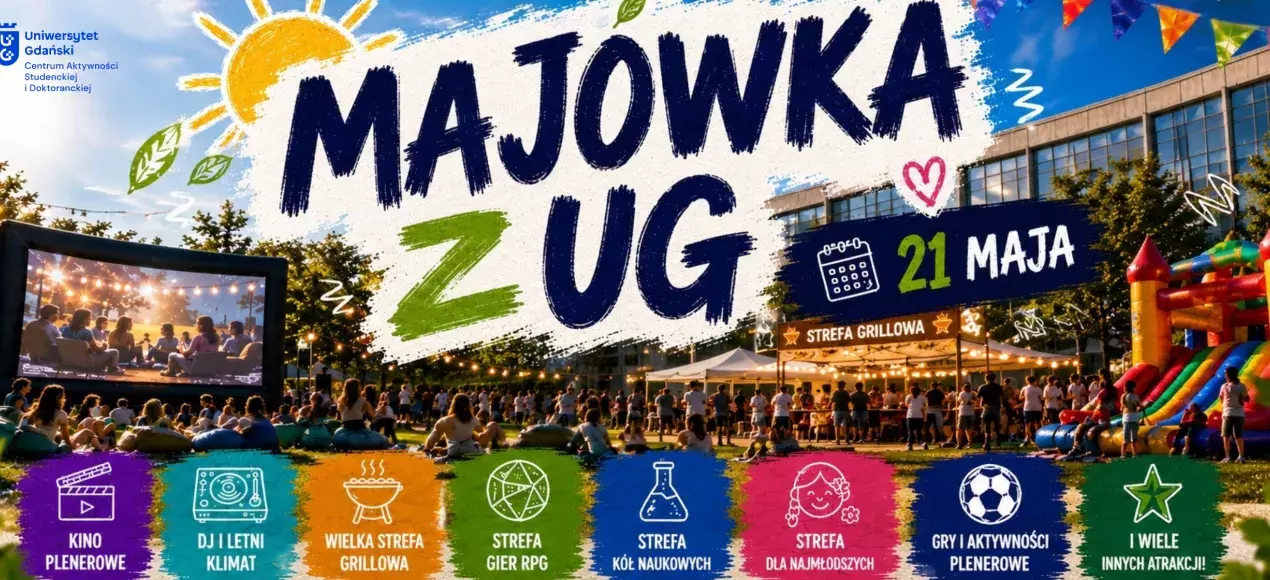 plakat Majówki z UG z tłumem ludzi na świeżym powietrzu
