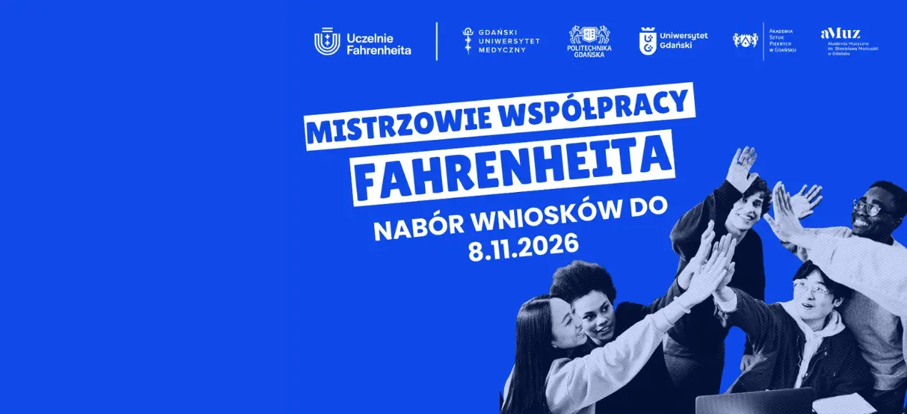 informacja o konkursie z wizerunkiem studentów przybijających piątkę
